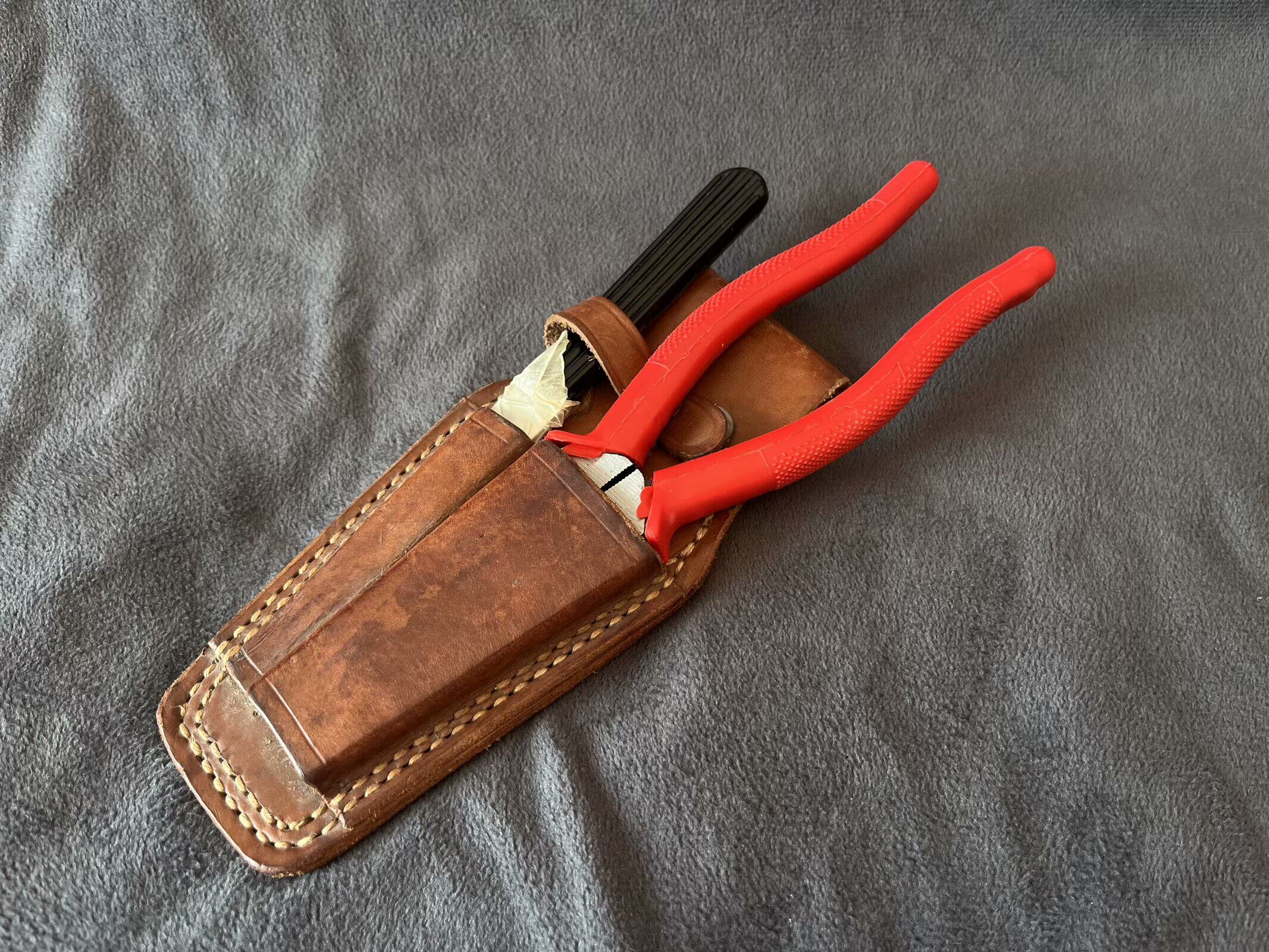 保真70年代库存存头层牛皮通讯员工具皮挂电工钳皮挂皮具组合套