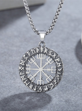 时尚钛钢项链 北欧维京人海盗标志镂空钛钢圆牌吊坠男款钛钢项链