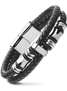 时尚风双层真皮黑色编织钛钢手镯