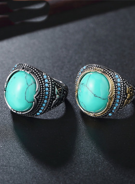 欧美风复古绿松石男士钛钢戒指