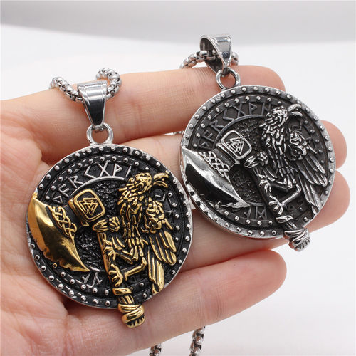 时尚钛钢项链  欧美复古北欧维京老鹰斧头吊坠圆牌男式钛钢项链