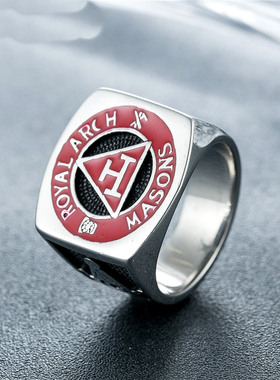 复古红色共济会男士钛钢戒指