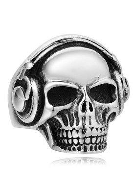 时尚钛钢男款戒指欧美个性复古听音乐耳麦骷髅头钛钢男式戒指指环