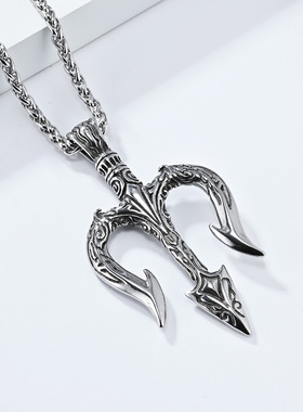 时尚钛钢项链 欧美复古北欧神话海神波塞冬三叉戟钛钢项链