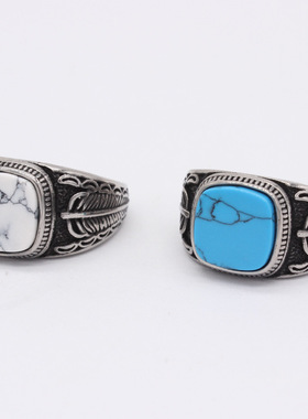 时尚钛钢男款戒指 欧美个性方形复古羽毛蓝松石钢戒指指环