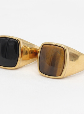 时尚钛钢男女戒指 欧美复古方形黑色石虎眼石宝石钛钢戒指指环