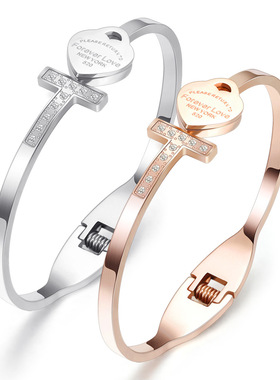 时尚风钛钢玫瑰金镶钻手环