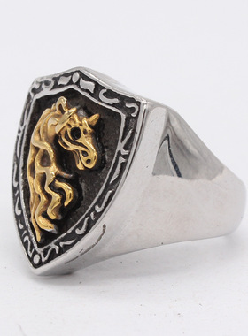 时尚钛钢男款戒指 欧美个性复古独角兽钛钢戒指 间金色盾牌指环