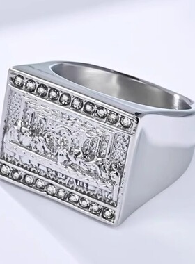 时尚钛钢戒指欧美嘻哈HIPHOP最后的晚餐戒指镶钻方形钛钢戒指指环