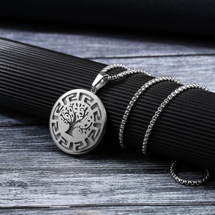时尚钛钢项链银 生命树圆牌项链 长城纹大树圆牌铸造男款钛钢项链