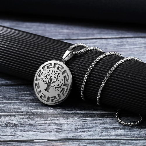 时尚风钛钢生命树圆牌项链
