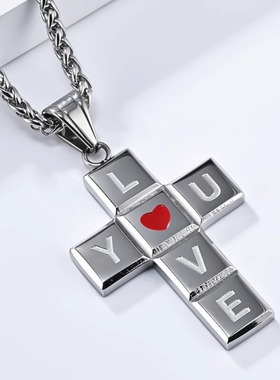 时尚钛钢项链 欧美 I LOVE YOU 十字架项链 爱心形滴油钛钢项链
