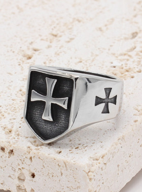 时尚钛钢男款戒指 复古摇滚十字架盾牌霸气男士钛钢戒指潮男指环
