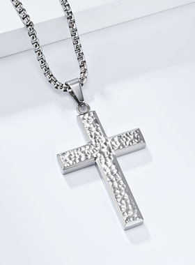 时尚钛钢项链 欧美捶打纹钛钢十字架项链不规则手工锤纹钛钢项链
