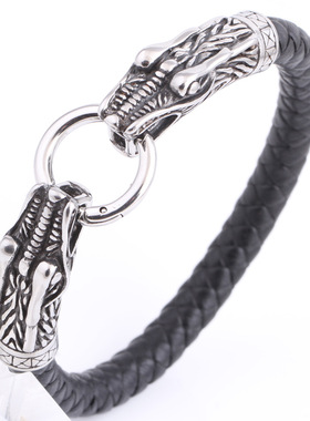 时尚风钛钢黑色真皮编织手镯