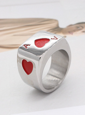 时尚钛钢男款戒指  欧美复古时尚魔术师红桃扑克长方形钛钢戒指男