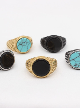 时尚钛钢男款戒指 时尚简约复古圆形宝石钛钢戒指指环