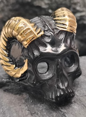 时尚钛钢戒指  朋克骷髅头羊头钛钢戒指 金羊角羊头骷髅戒指指环