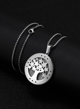 时尚风钛钢生命树圆牌项链