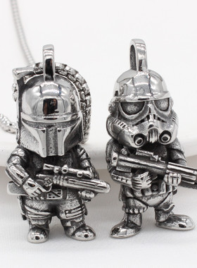 时尚钛钢项链 欧美个性复古立体头盔外星小人男士钛钢项链