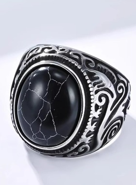 时尚钛钢戒指 雕花镶嵌虎眼宝石戒指 黑白松石椭圆形钛钢戒指指环