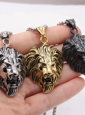 时尚钛钢项链 欧美个性时尚眼睛点钻狮子头男士吊坠钛钢项链
