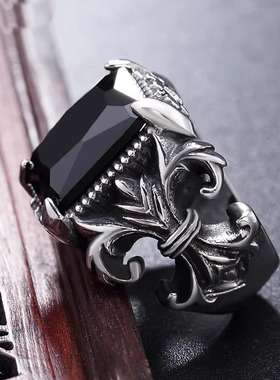 朋克风红宝石男士十字架钛钢戒指