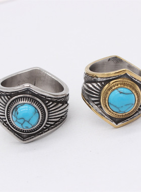 时尚钛钢男款戒指 欧美个性文艺复古蓝松石高桥羽毛钛钢戒指指环