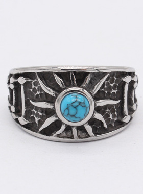 时尚钛钢男款戒指 欧美个性复古松石戒指 太阳图腾钢戒指指环