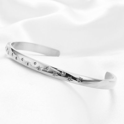 时尚钛钢手镯 欧美ins时尚4MM星星镶钻钛钢女款开口手镯 闺蜜手环