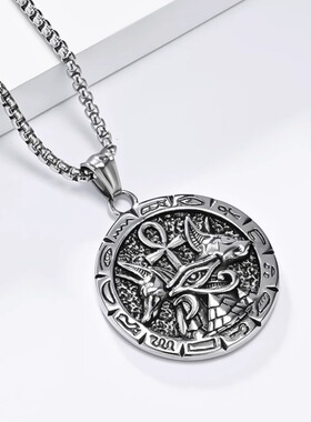 时尚钛钢项链复古埃及安卡十字架阿努比斯神吊坠圆牌图文钛钢项链