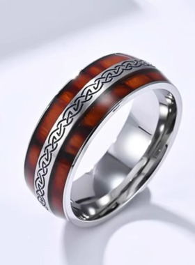 时尚钛钢戒指北欧凯尔特结镶嵌木纹皮戒指爱尔兰永恒钛钢戒指指环