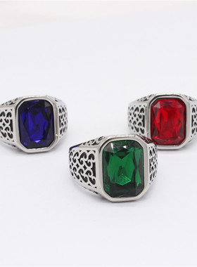 时尚钛钢男款戒指  欧美网红时尚复古长方形宝石钛钢戒指 宫廷风