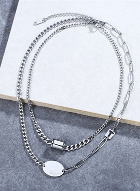 时尚钛钢项链 欧美ins简约气质短款圆筒椭圆牌双层锁骨链钛钢项链
