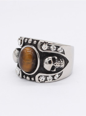 时尚钛钢戒指  欧美个性复古骷髅头宝石宽版钛钢男款戒指指环