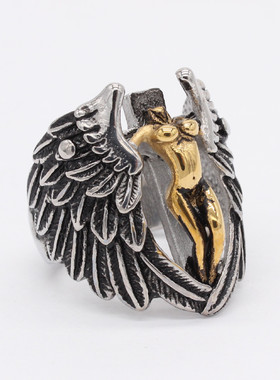 时尚钛钢男款戒指 欧美个性复古十字架天使间金钛钢戒指指环