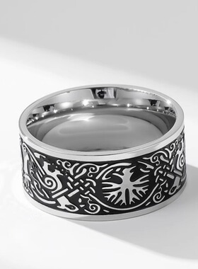 时尚钛钢戒指欧美生命之树奥丁乌鸦北欧维京凯尔特结钛钢戒指指环