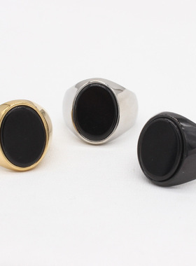 时尚钛钢男款戒指 欧美个性冷淡风椭圆黑宝石钛钢戒指指环