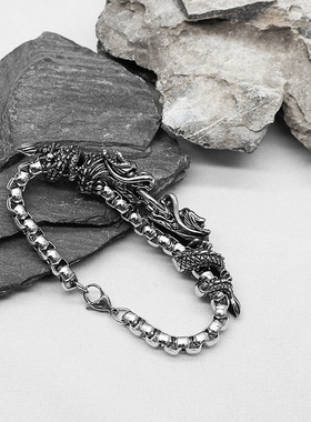 时尚钛钢手链 欧美朋克龙头手链 潮流霸气做旧个性双龙头钛钢手链