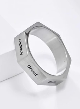 时尚钛钢戒指 欧美个性七宗罪七美德戒指 六角形潮酷钛钢戒指指环