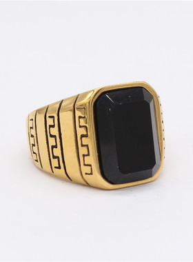 时尚钛钢男式戒指 欧美个性复古长城纹男士宝石钛钢男款戒指指环