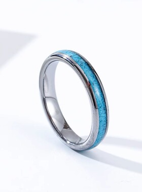时尚戒指4MM钨钢镶嵌绿松石碎宝石戒指 男女婚戒尾戒指环情侣戒指