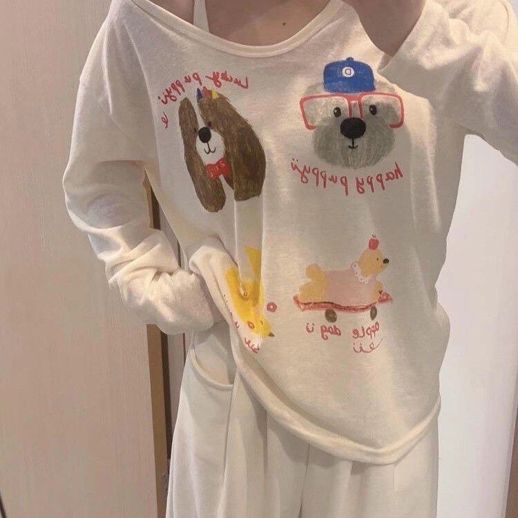 可爱小狗卡通印花韩版长袖T恤女夏季防晒杏色上衣宽松清纯打底衫