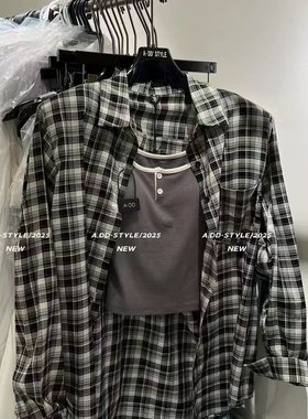 ADD正版2025夏季款洋气百搭宽松黑色格子衬衫+吊带背心两件套女衣