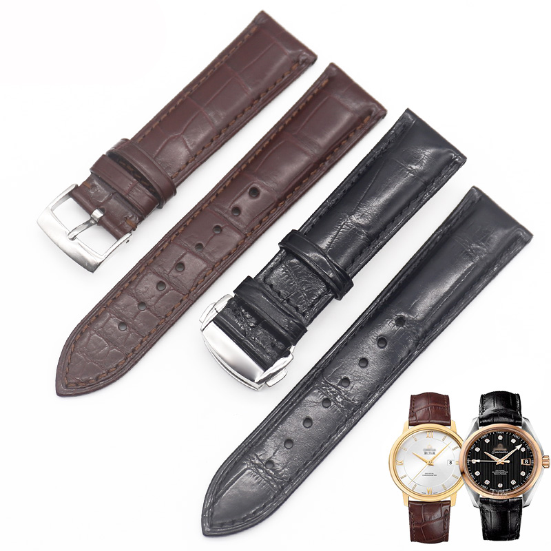 适配欧米茄鳄鱼皮表带蝶飞海马宇宙海洋超霸蝴蝶扣真皮男手表带