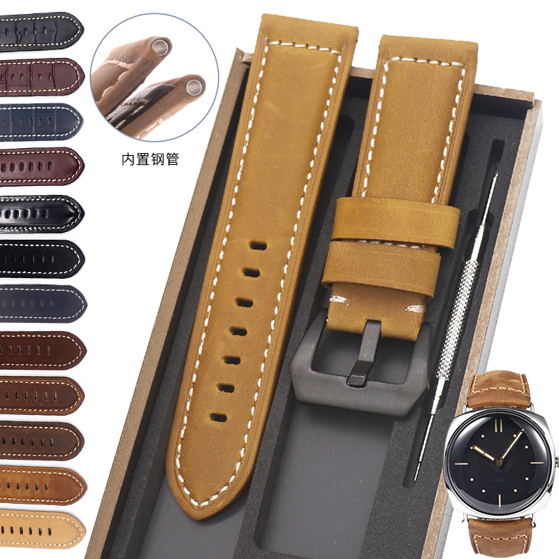 耐玖适用Panerai沛纳海疯马皮表带pam111真皮男441胖大海表带24mm