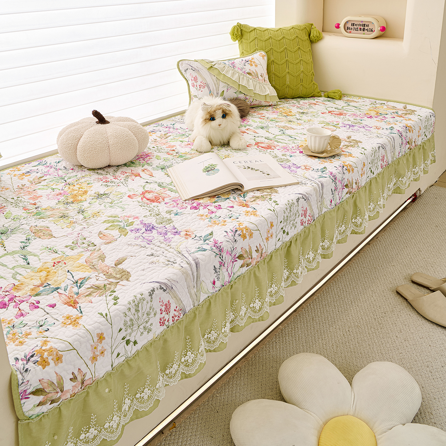 法式田园纯棉防滑飘窗垫四季通用