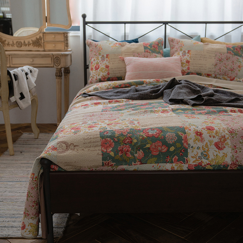 外貿純棉絎縫床蓋三件套防滑床單