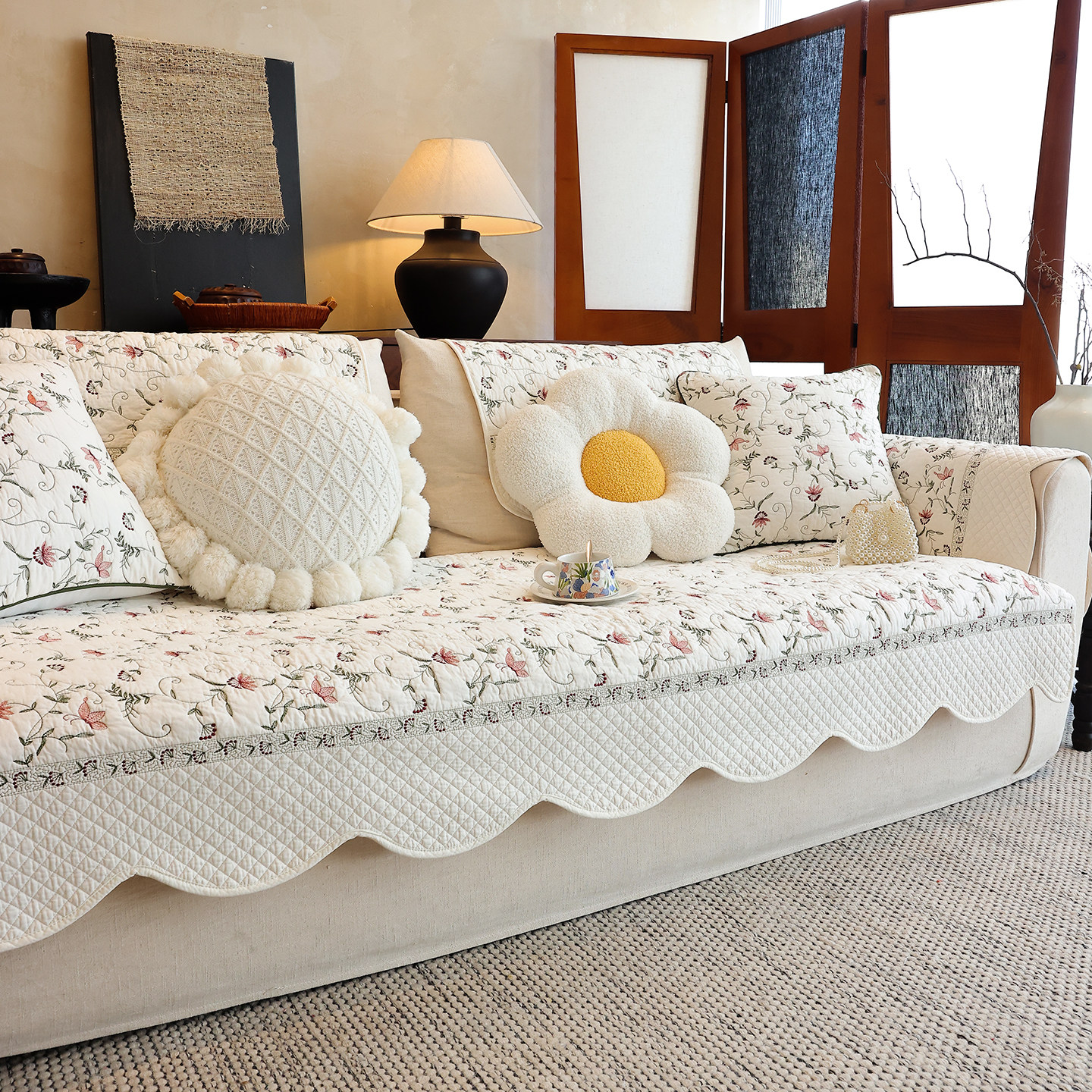 法式纯棉水洗棉重工刺绣沙发垫四季通用全棉客厅防滑沙发巾罩坐垫,居家布艺,沙发垫,淘宝优惠券,粉丝福利购,淘宝优惠卷