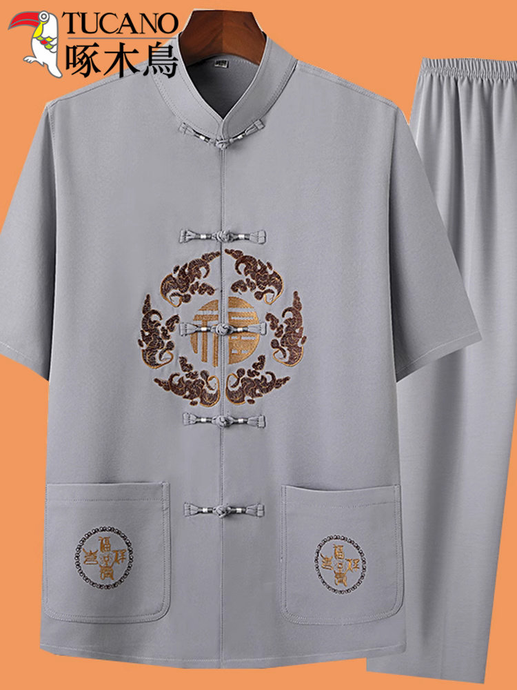 WOODPECKER MIDDLE-AGED AND ELDERLY SHORT SLEEVES SUMMER MENS TANG COSTUME GRANDPA TAI CHI SUIT CHINESE STYLE OLD MAN CASUAL DAD